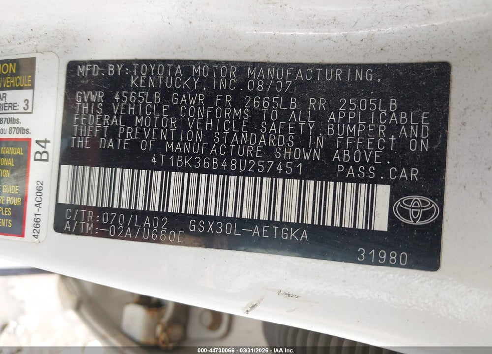 2008 TOYOTA AVALON XLS VIN: 4T1BK36B48U257451