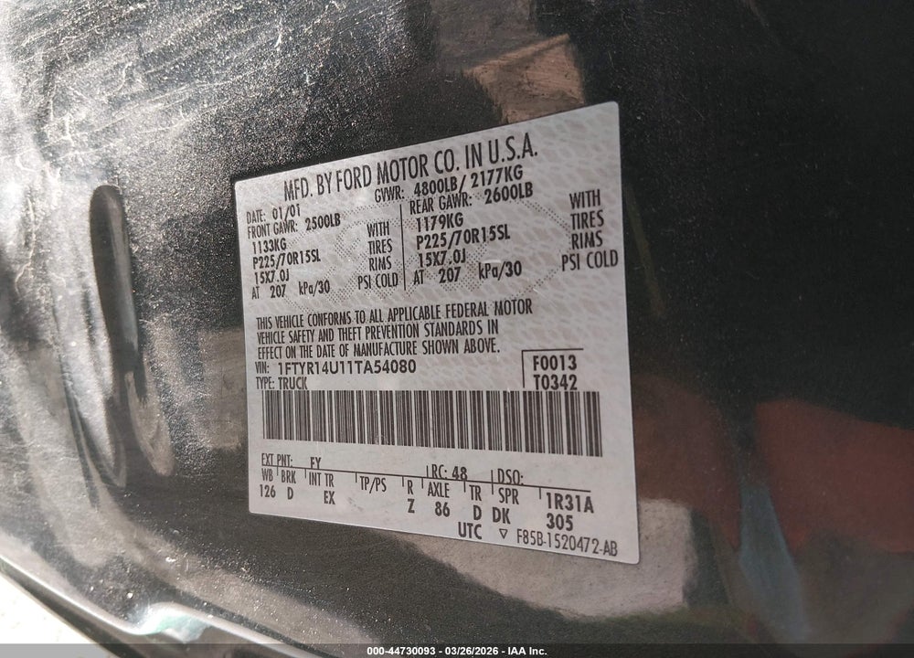 2001 FORD RANGER EDGE/XL/XLT VIN: 1FTYR14U11TA54080
