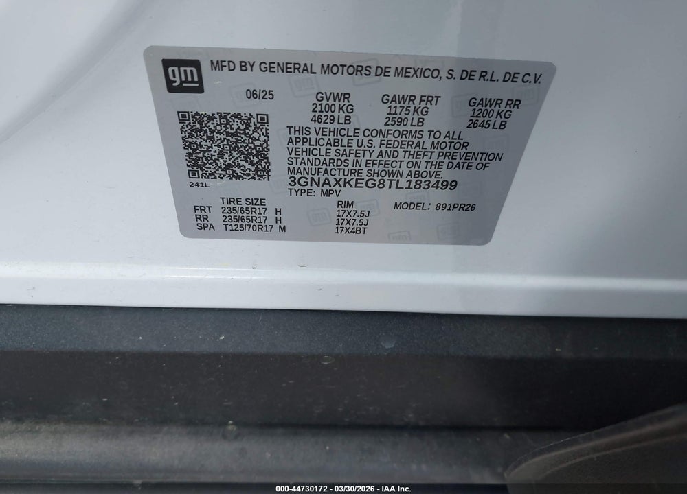 2026 CHEVROLET EQUINOX FWD ACTIV VIN: 3GNAXKEG8TL183499