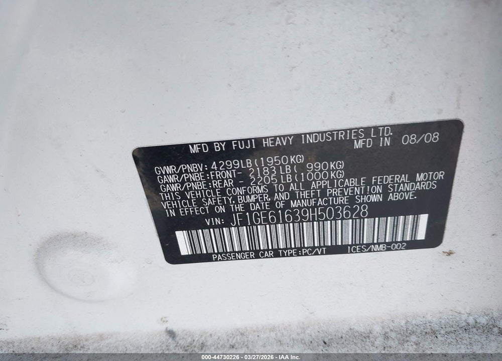 2009 SUBARU IMPREZA 2.5I VIN: JF1GE61639H503628