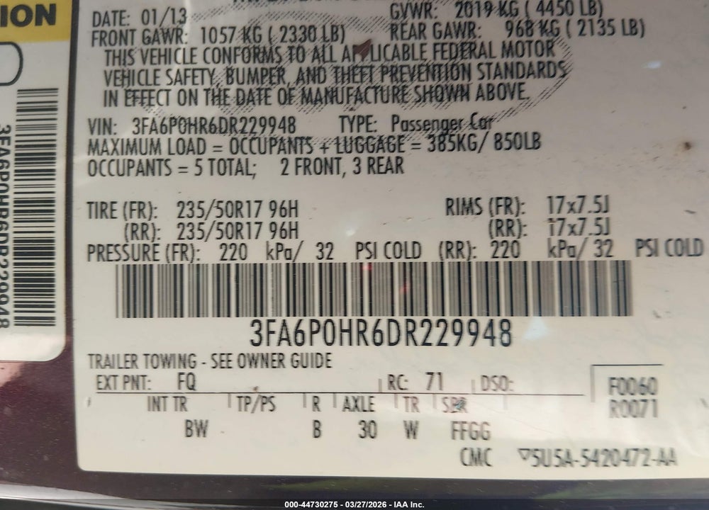 2013 FORD FUSION SE VIN: 3FA6P0HR6DR229948
