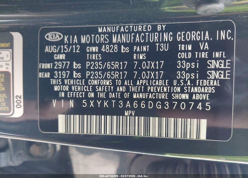 2013 KIA SORENTO LX VIN: 5XYKT3A66DG370745