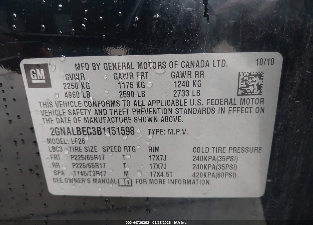 2011 CHEVROLET EQUINOX LS VIN: 2GNALBEC3B1151598