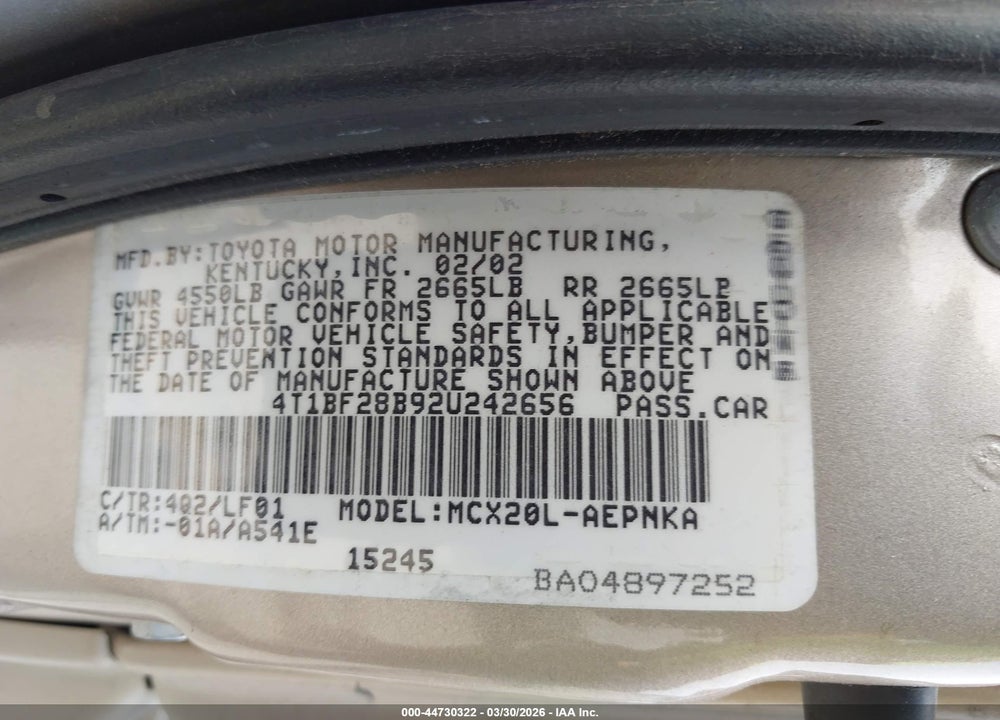 2002 TOYOTA AVALON XL VIN: 4T1BF28B92U242656