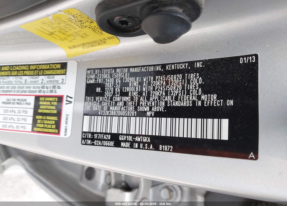 2013 TOYOTA VENZA LE V6 VIN: 4T3ZK3BB2DU059201