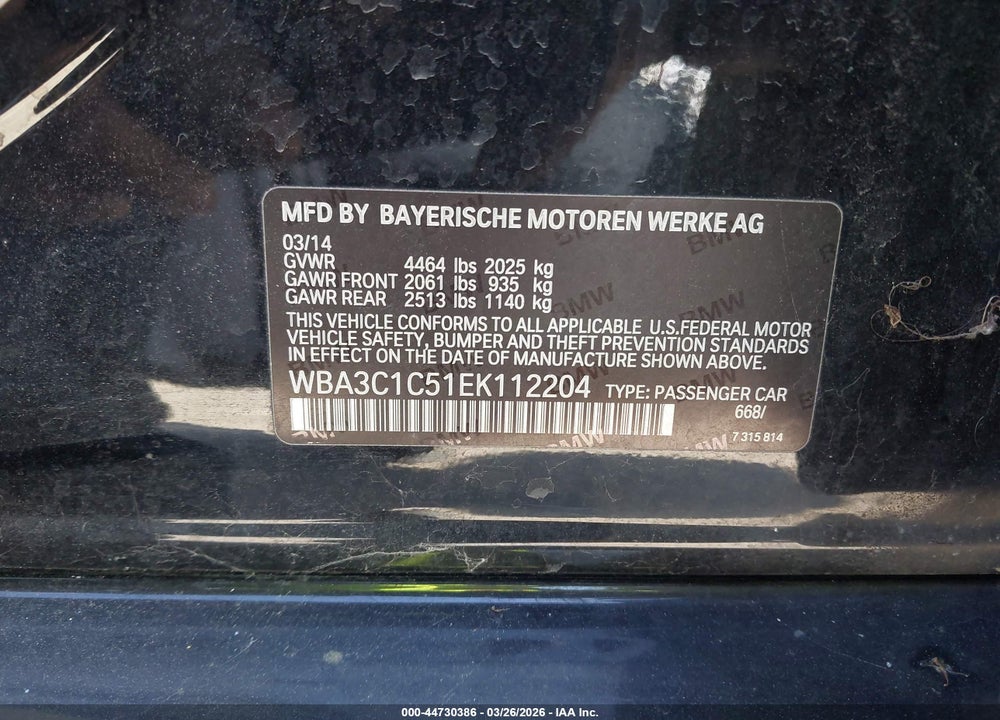 2014 BMW 328I VIN: WBA3C1C51EK112204
