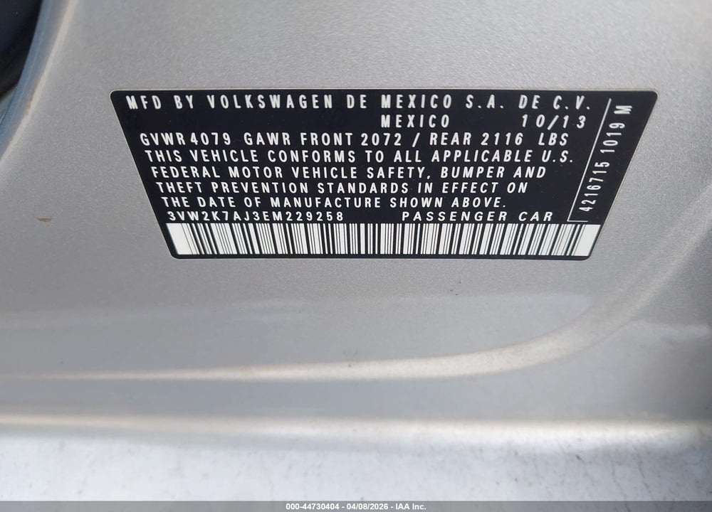 2014 VOLKSWAGEN JETTA 2.0L S VIN: 3VW2K7AJ3EM229258