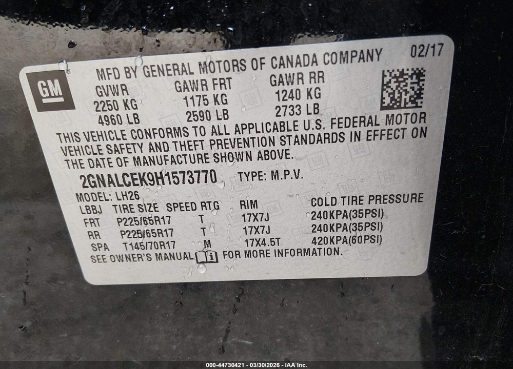 2017 CHEVROLET EQUINOX LT VIN: 2GNALCEK9H1573770