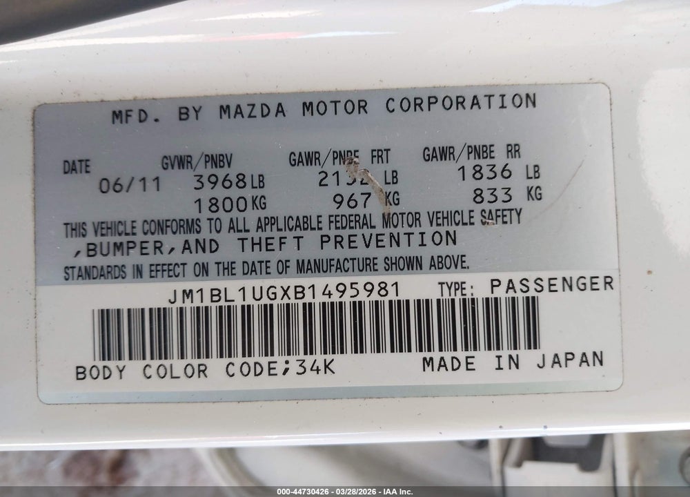 2011 MAZDA 3 I SPORT VIN: JM1BL1UGXB1495981