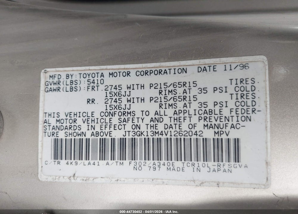 1997 TOYOTA PREVIA LE S/C VIN: JT3GK13M4V1262042