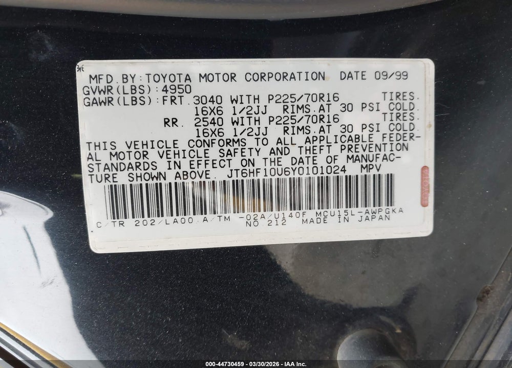2000 LEXUS RX 300 VIN: JT6HF10U6Y0101024
