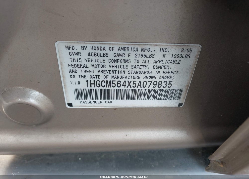 2005 HONDA ACCORD 2.4 LX VIN: 1HGCM564X5A079835