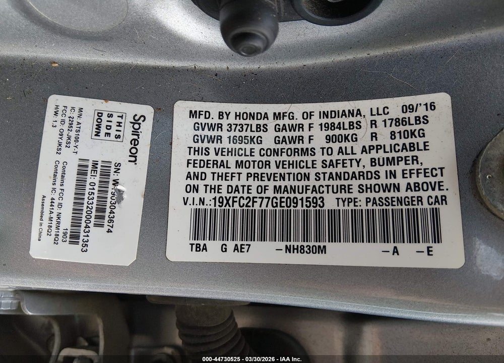 2016 HONDA CIVIC EX VIN: 19XFC2F77GE091593