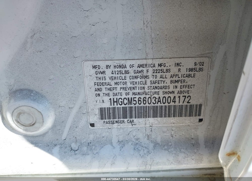 2003 HONDA ACCORD 2.4 EX VIN: 1HGCM56603A004172