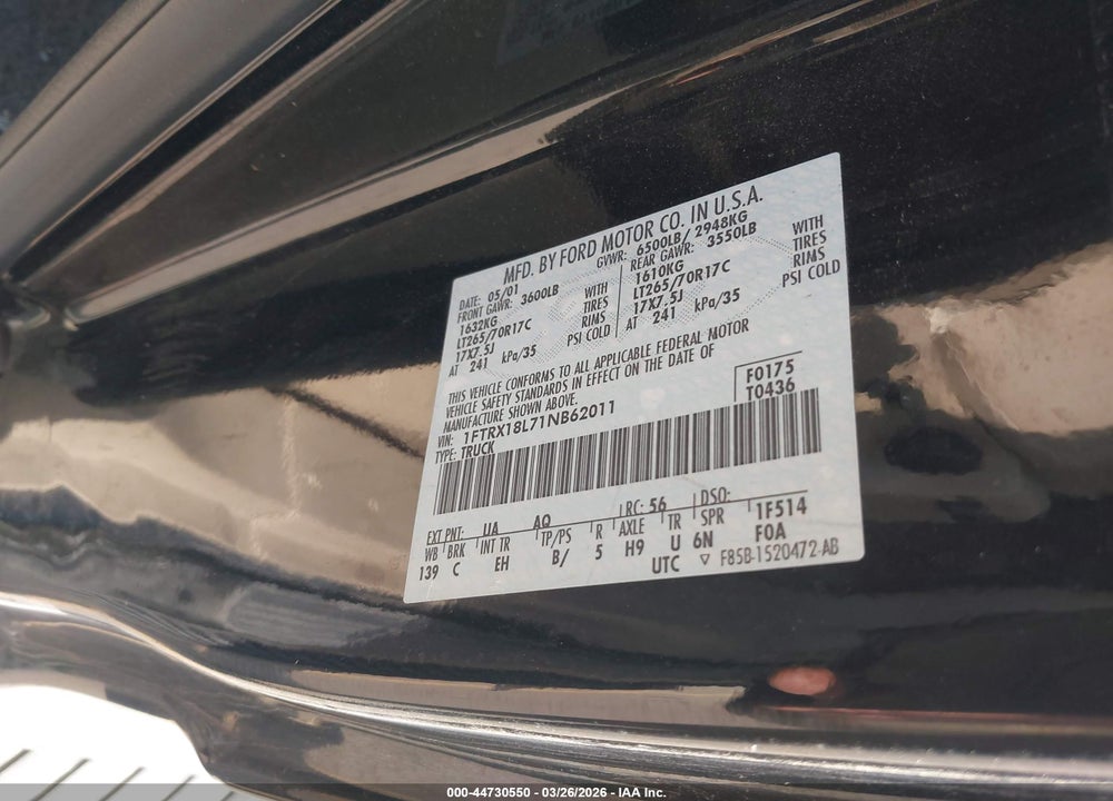 2001 FORD F-150 LARIAT/XL/XLT VIN: 1FTRX18L71NB62011