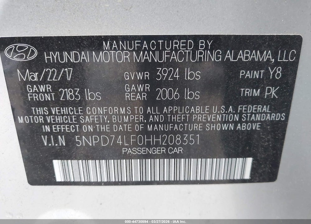 2017 HYUNDAI ELANTRA SE VIN: 5NPD74LF0HH208351