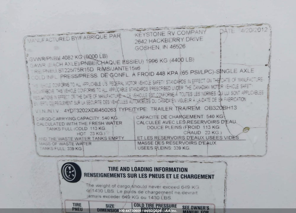 2013 KEYSTONE RV OTHER VIN: 4YDT3202XDB450263