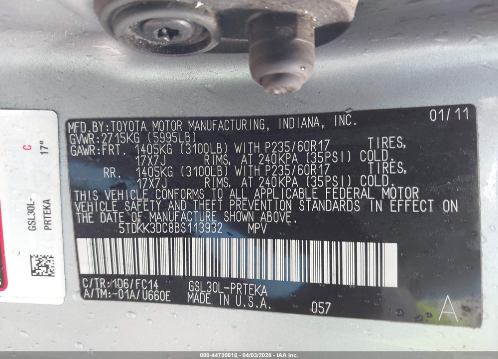 2011 TOYOTA SIENNA LE V6 VIN: 5TDKK3DC8BS113932