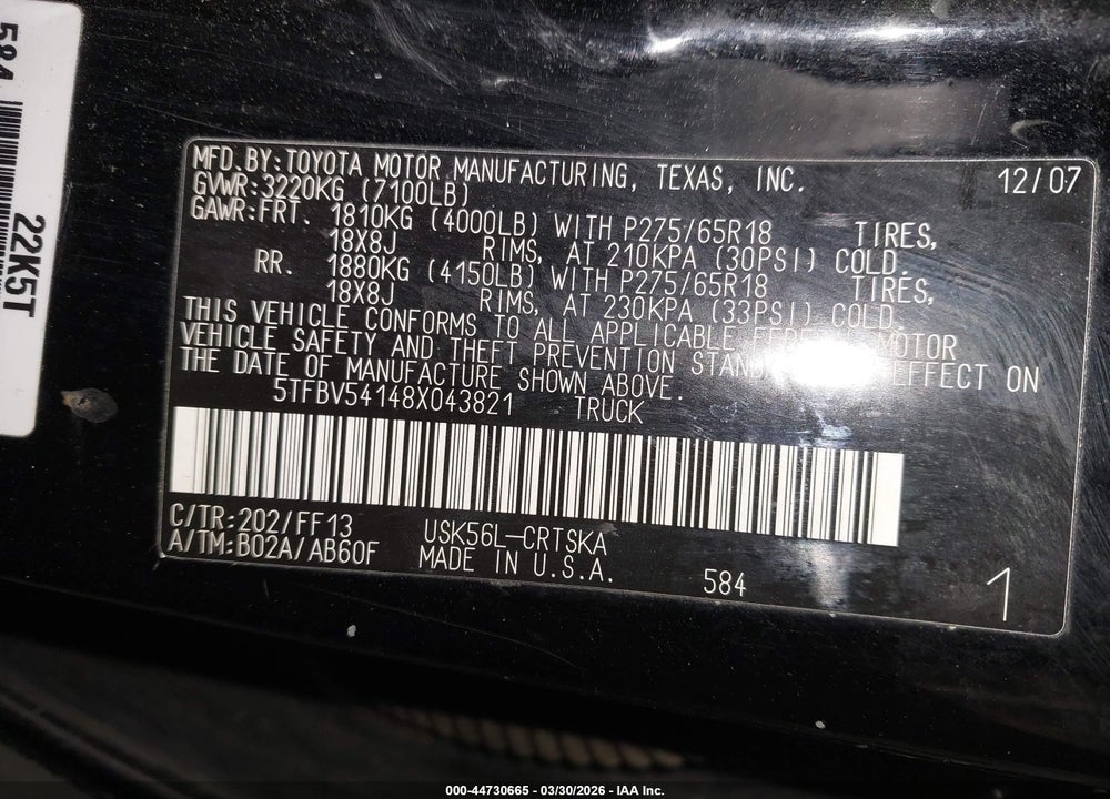 2008 TOYOTA TUNDRA SR5 5.7L V8 VIN: 5TFBV54148X043821
