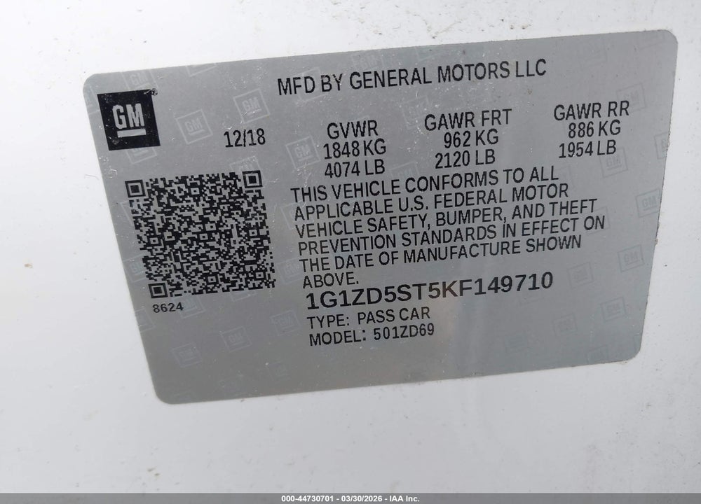 2019 CHEVROLET MALIBU LT VIN: 1G1ZD5ST5KF149710