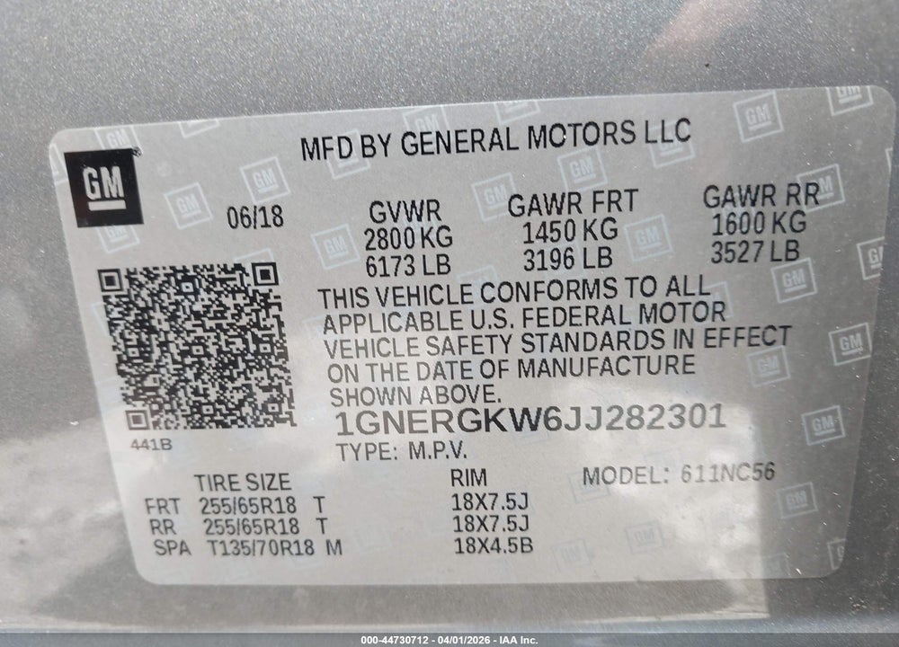 2018 CHEVROLET TRAVERSE 1LT VIN: 1GNERGKW6JJ282301