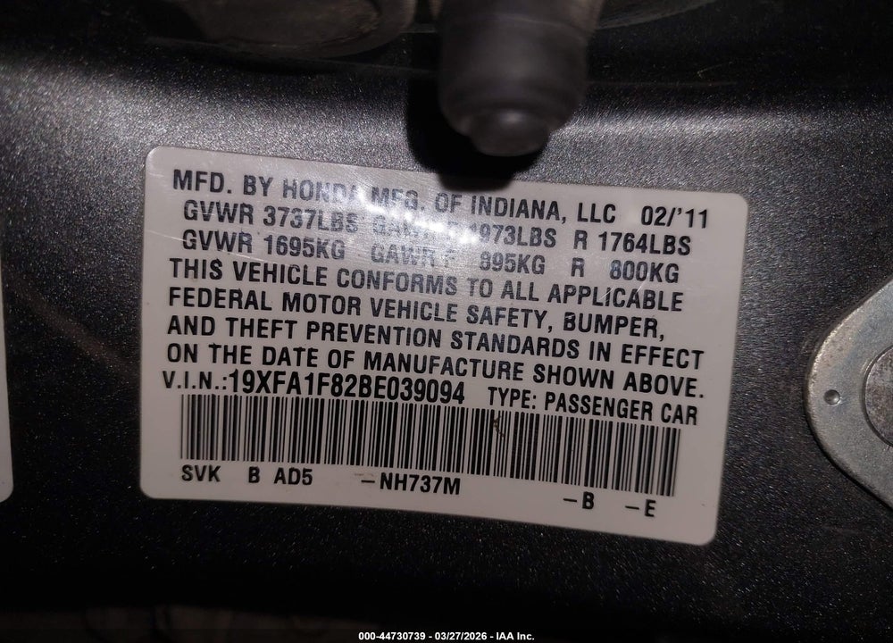 2011 HONDA CIVIC EX VIN: 19XFA1F82BE039094