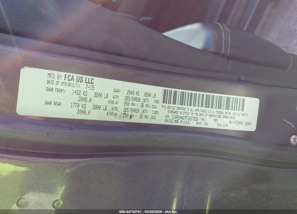 2015 DODGE DURANGO SXT VIN: 1C4RDHAG7FC937358