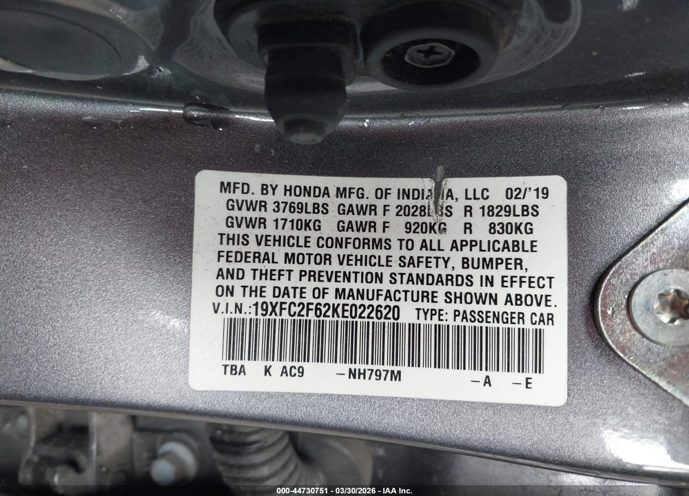 2019 HONDA CIVIC LX VIN: 19XFC2F62KE022620
