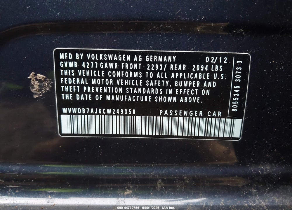 2012 VOLKSWAGEN GOLF 2.5L 4-DOOR VIN: WVWDB7AJ6CW249058