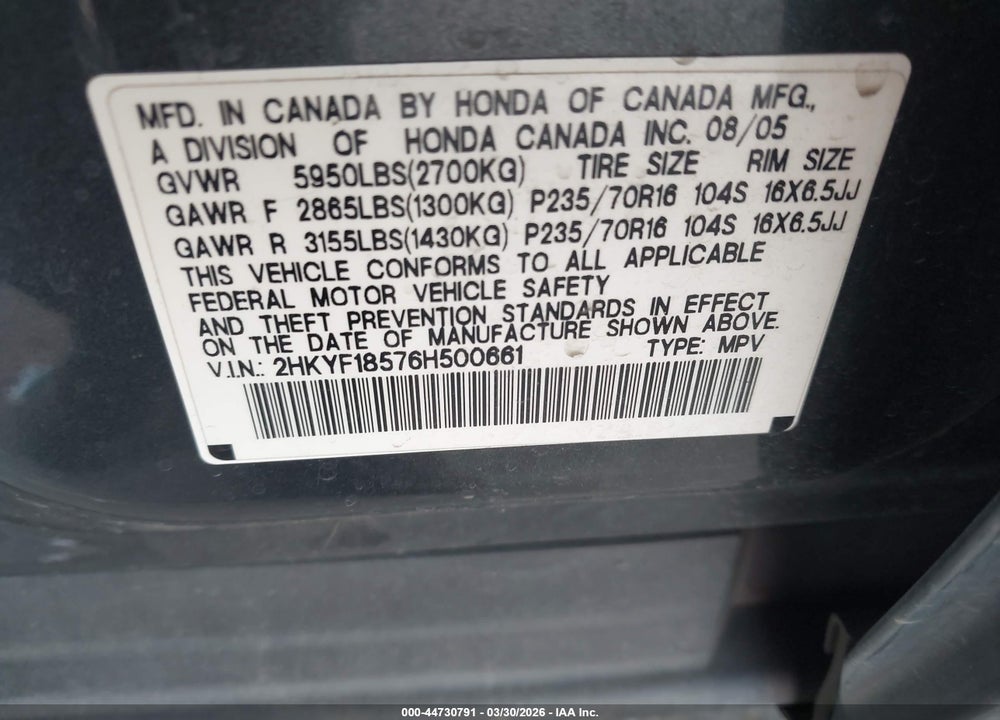 2006 HONDA PILOT EX-L VIN: 2HKYF18576H500661