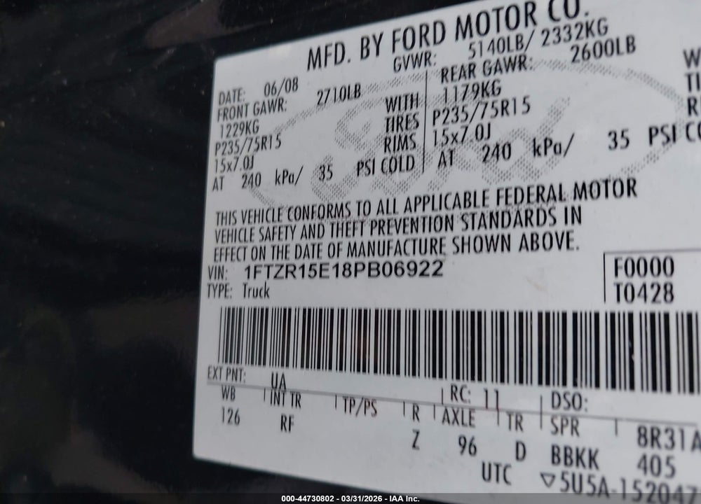 2008 FORD RANGER FX4 OFF-ROAD/SPORT/XL/XLT VIN: 1FTZR15E18PB06922