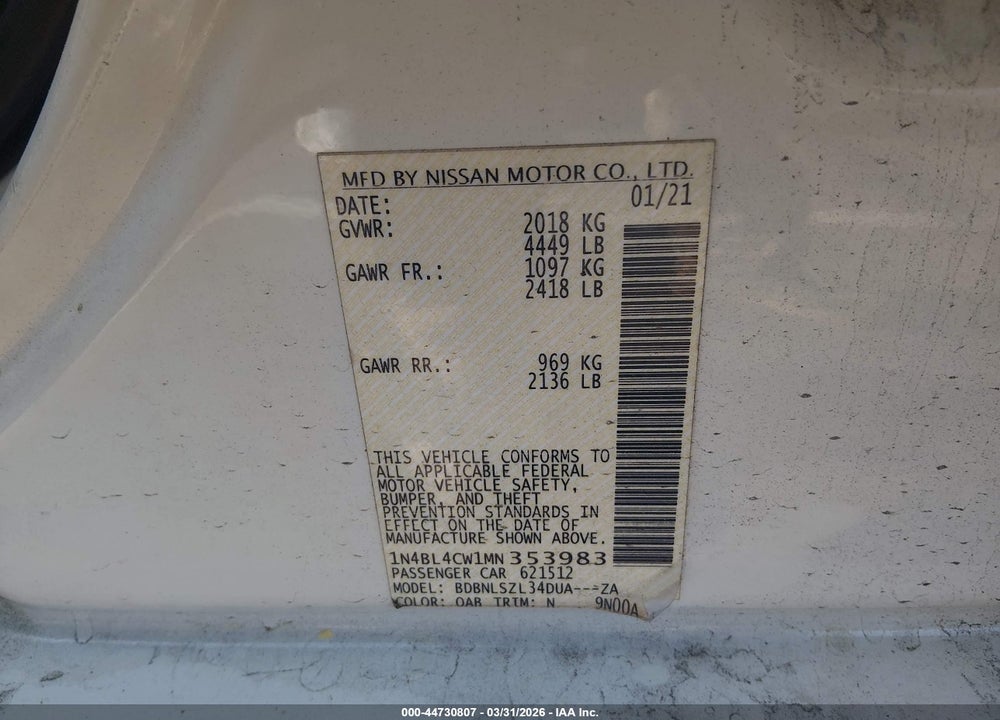 2021 NISSAN ALTIMA SR INTELLIGENT AWD VIN: 1N4BL4CW1MN353983