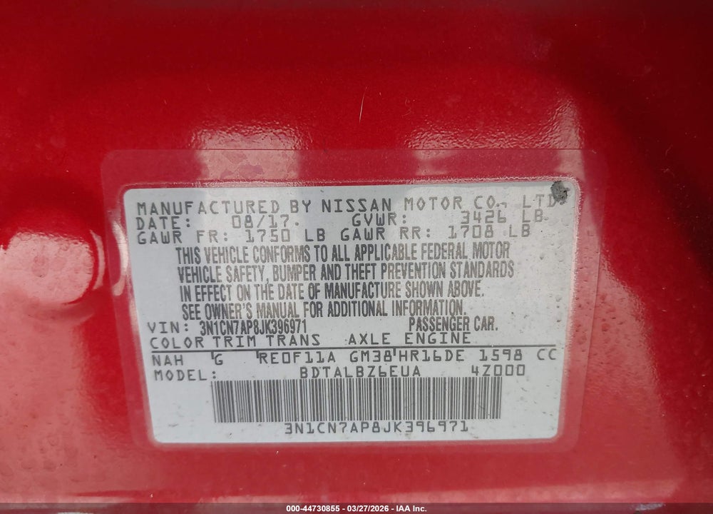 2018 NISSAN VERSA 1.6 SV VIN: 3N1CN7AP8JK396971