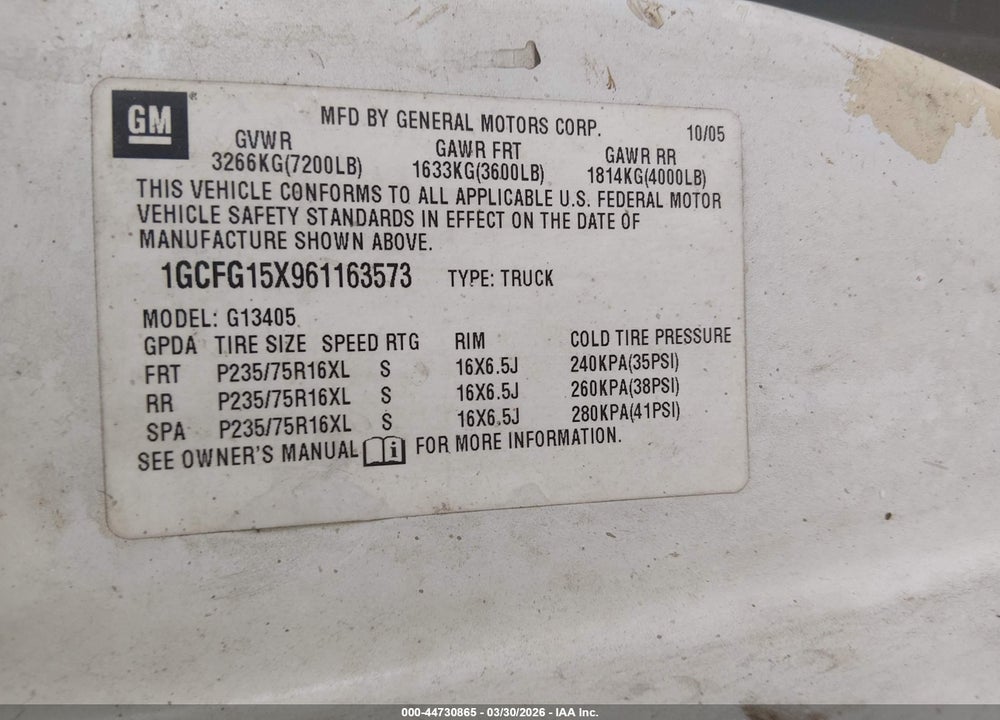 2006 CHEVROLET EXPRESS WORK VAN VIN: 1GCFG15X961163573