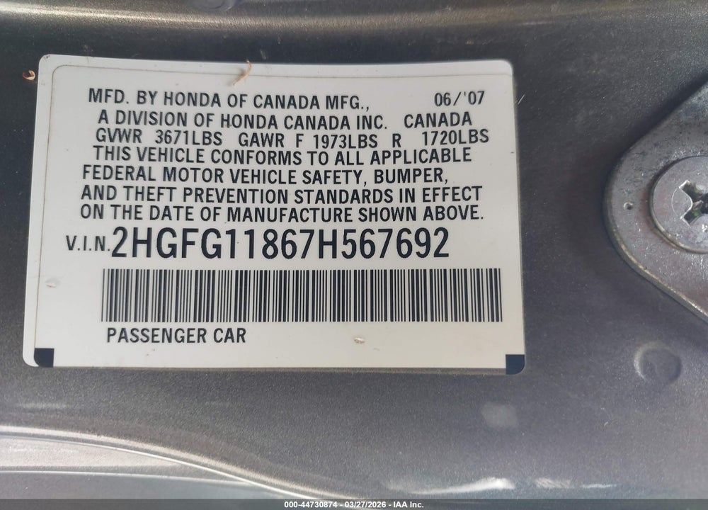 2007 HONDA CIVIC EX VIN: 2HGFG11867H567692