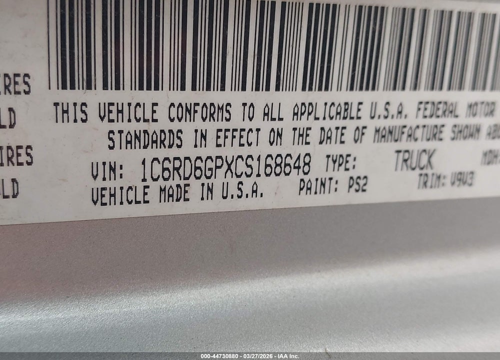 2012 RAM 1500 SLT VIN: 1C6RD6GPXCS168648