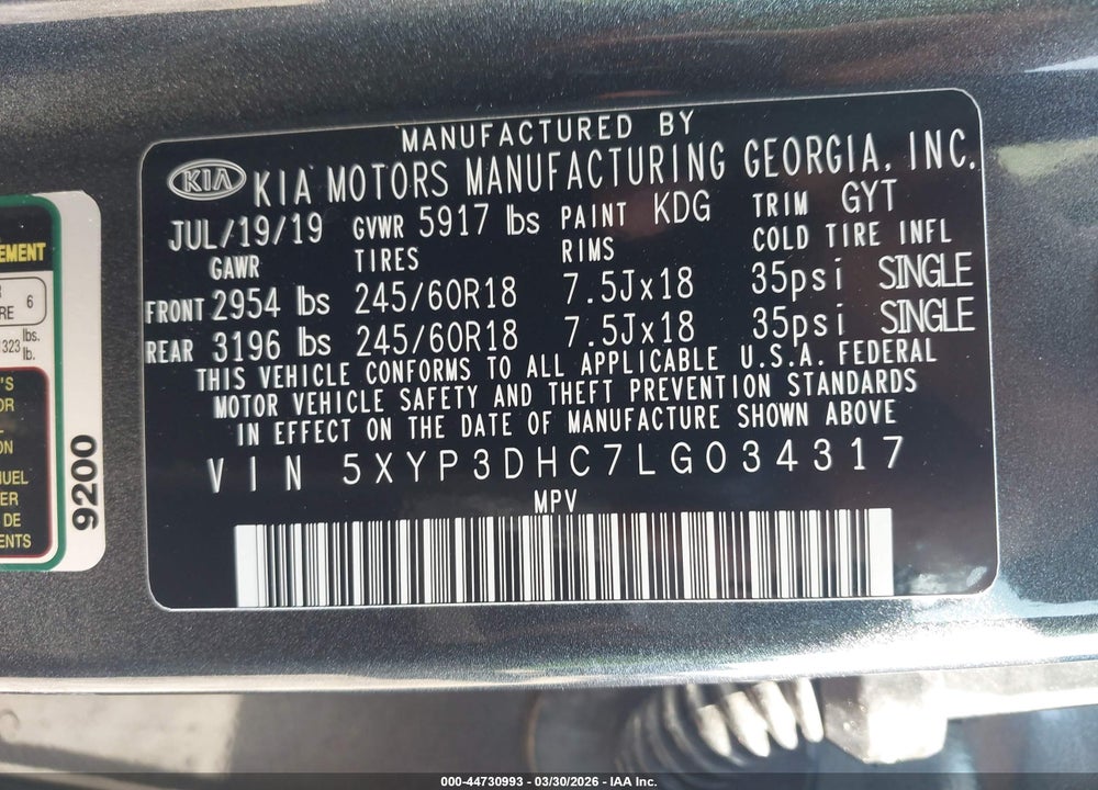2020 KIA TELLURIDE EX VIN: 5XYP3DHC7LG034317