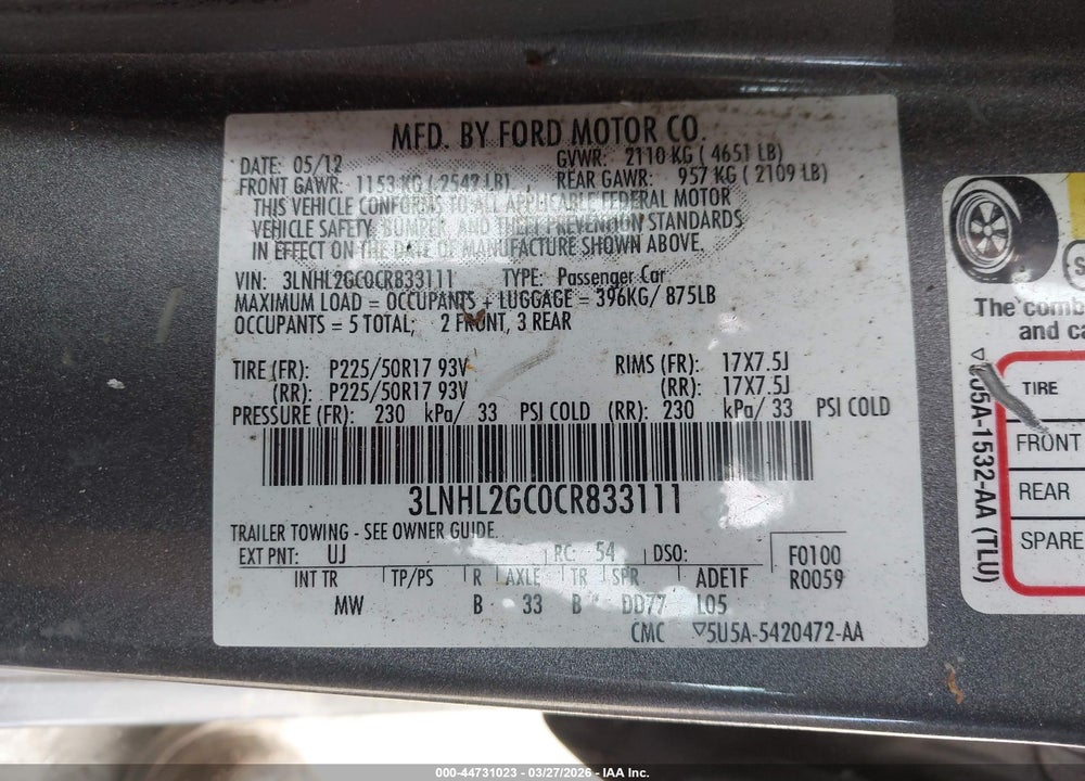 2012 LINCOLN MKZ VIN: 3LNHL2GC0CR833111