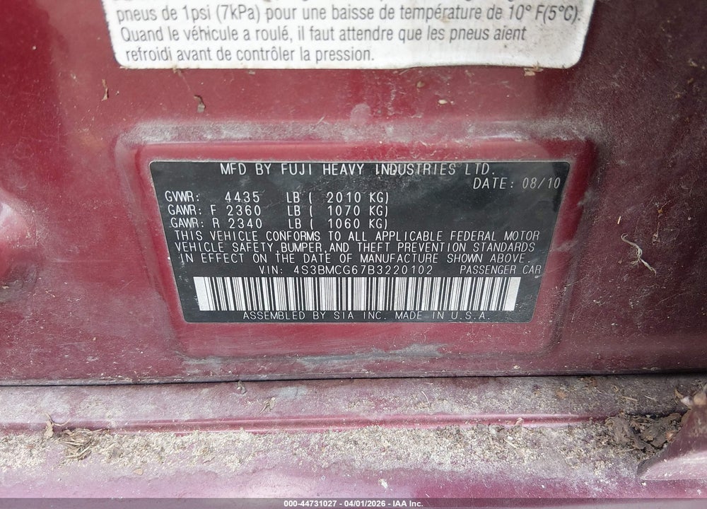 2011 SUBARU LEGACY 2.5I PREMIUM VIN: 4S3BMCG67B3220102