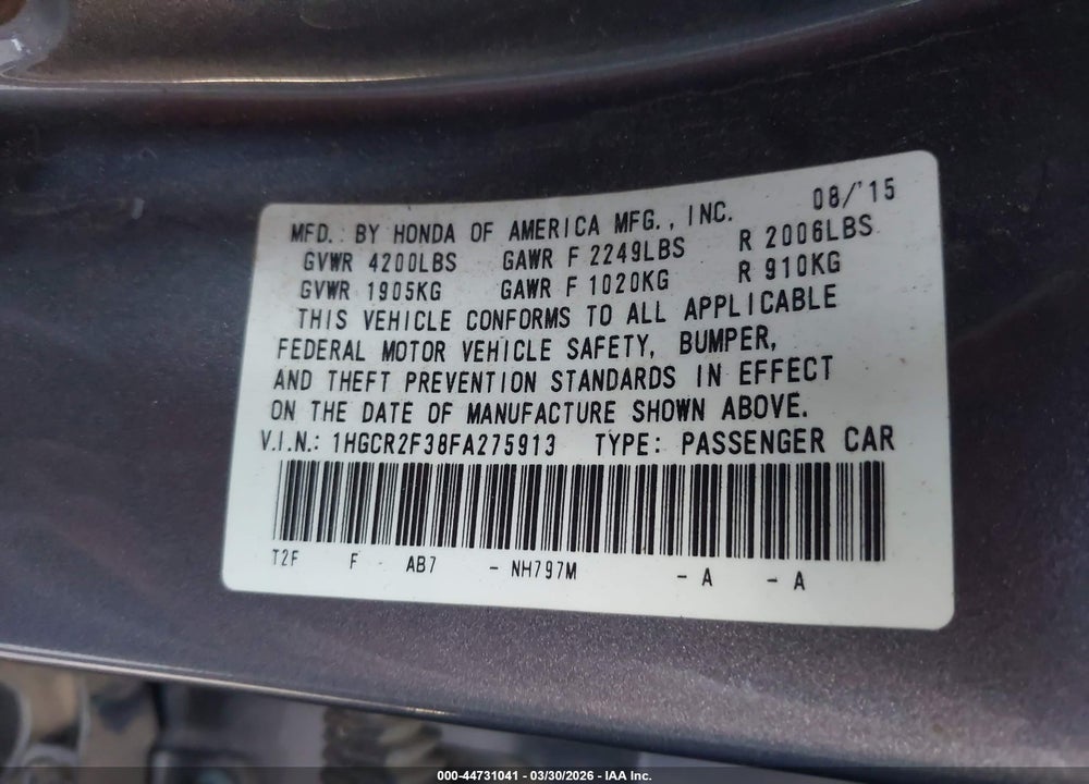2015 HONDA ACCORD LX VIN: 1HGCR2F38FA275913