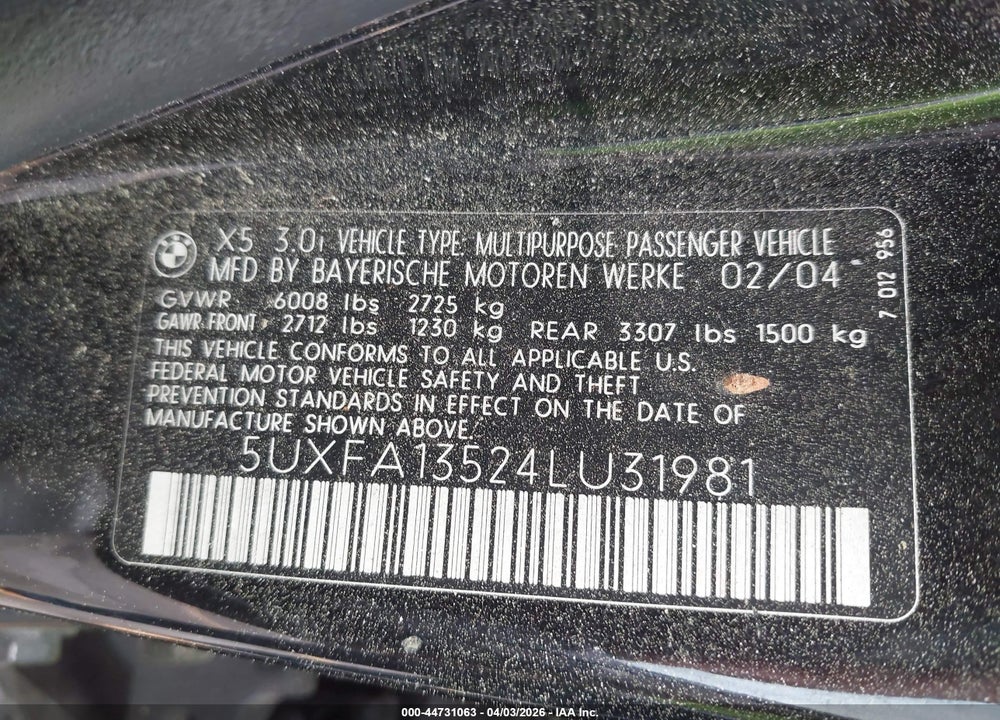 2004 BMW X5 3.0I VIN: 5UXFA13524LU31981