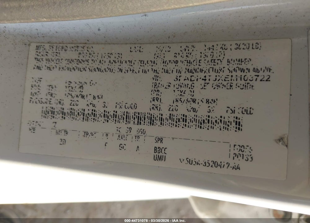 2014 FORD FIESTA S VIN: 3FADP4TJXEM103722