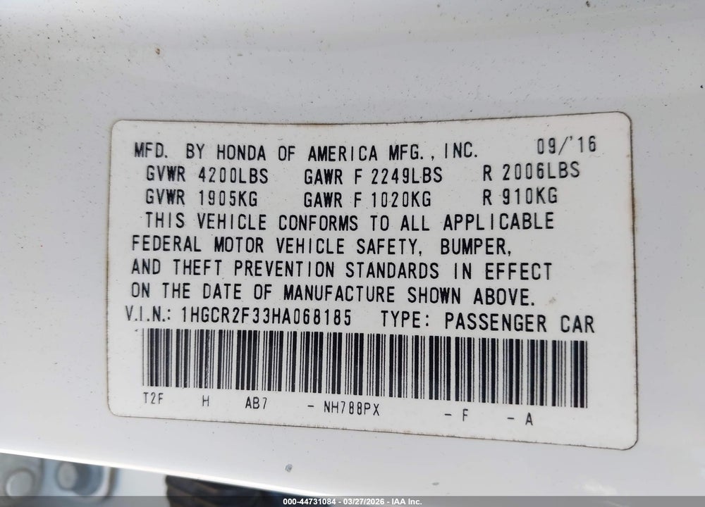 2017 HONDA ACCORD LX VIN: 1HGCR2F33HA068185