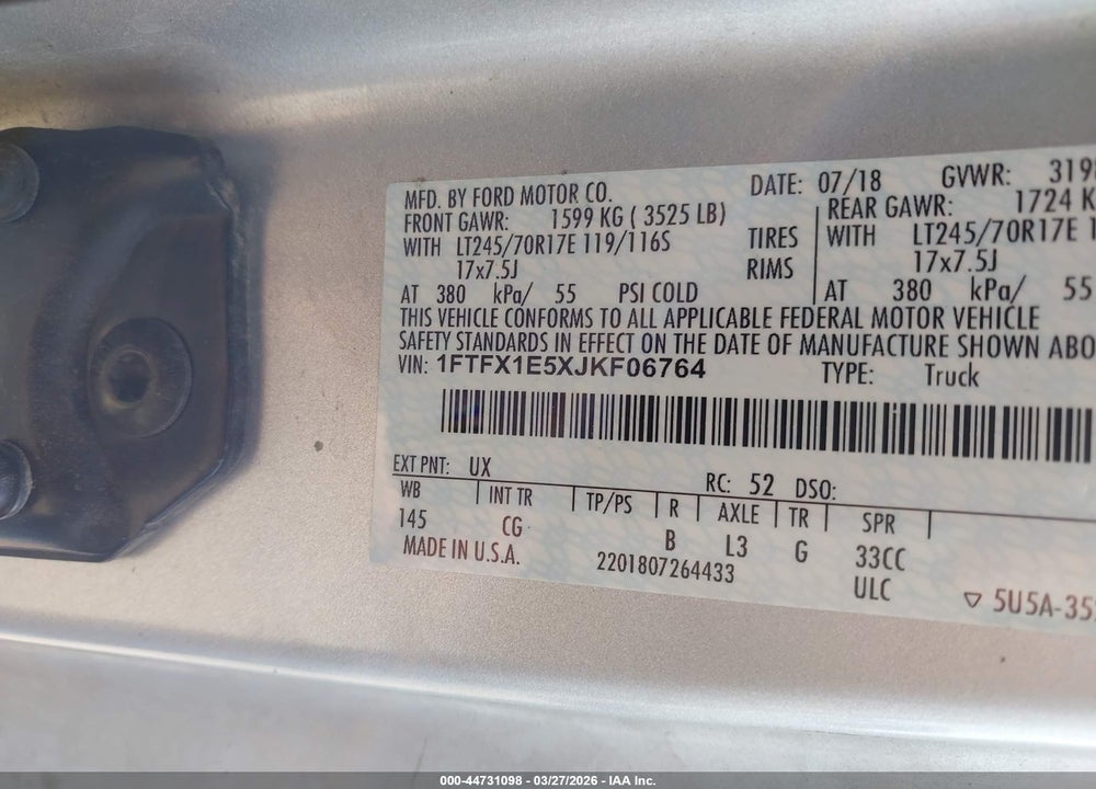 2018 FORD F-150 XL VIN: 1FTFX1E5XJKF06764