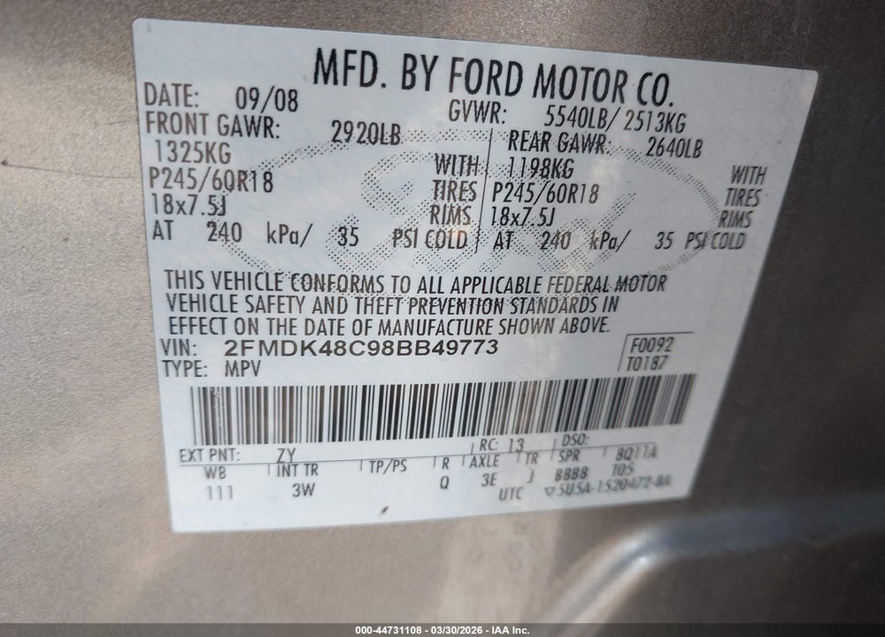 2008 FORD EDGE SEL VIN: 2FMDK48C98BB49773