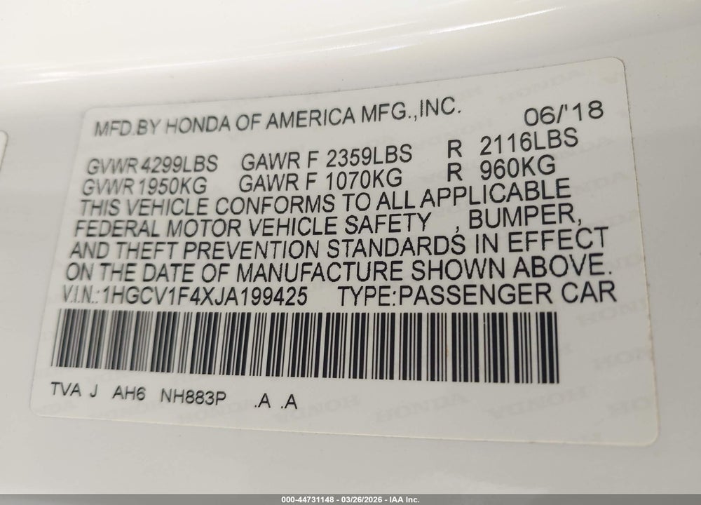 2018 HONDA ACCORD EX VIN: 1HGCV1F4XJA199425