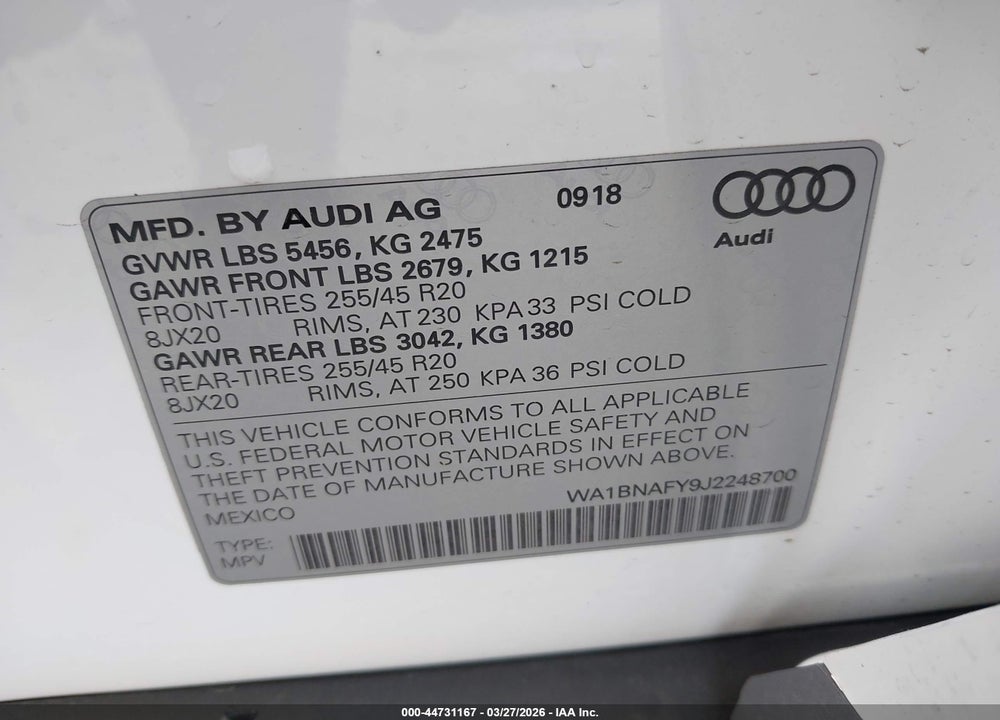 2018 AUDI Q5 2.0T PREMIUM/2.0T TECH PREMIUM VIN: WA1BNAFY9J2248700