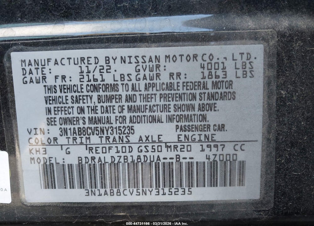 2022 NISSAN SENTRA SV XTRONIC CVT VIN: 3N1AB8CV5NY315235