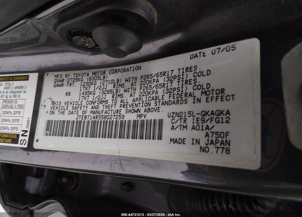 2005 TOYOTA 4RUNNER SR5 V8 VIN: JTEBT14R558027259