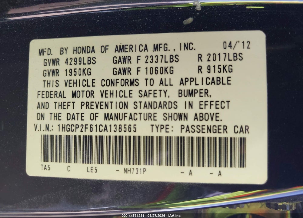 2012 HONDA ACCORD 2.4 SE VIN: 1HGCP2F61CA138565